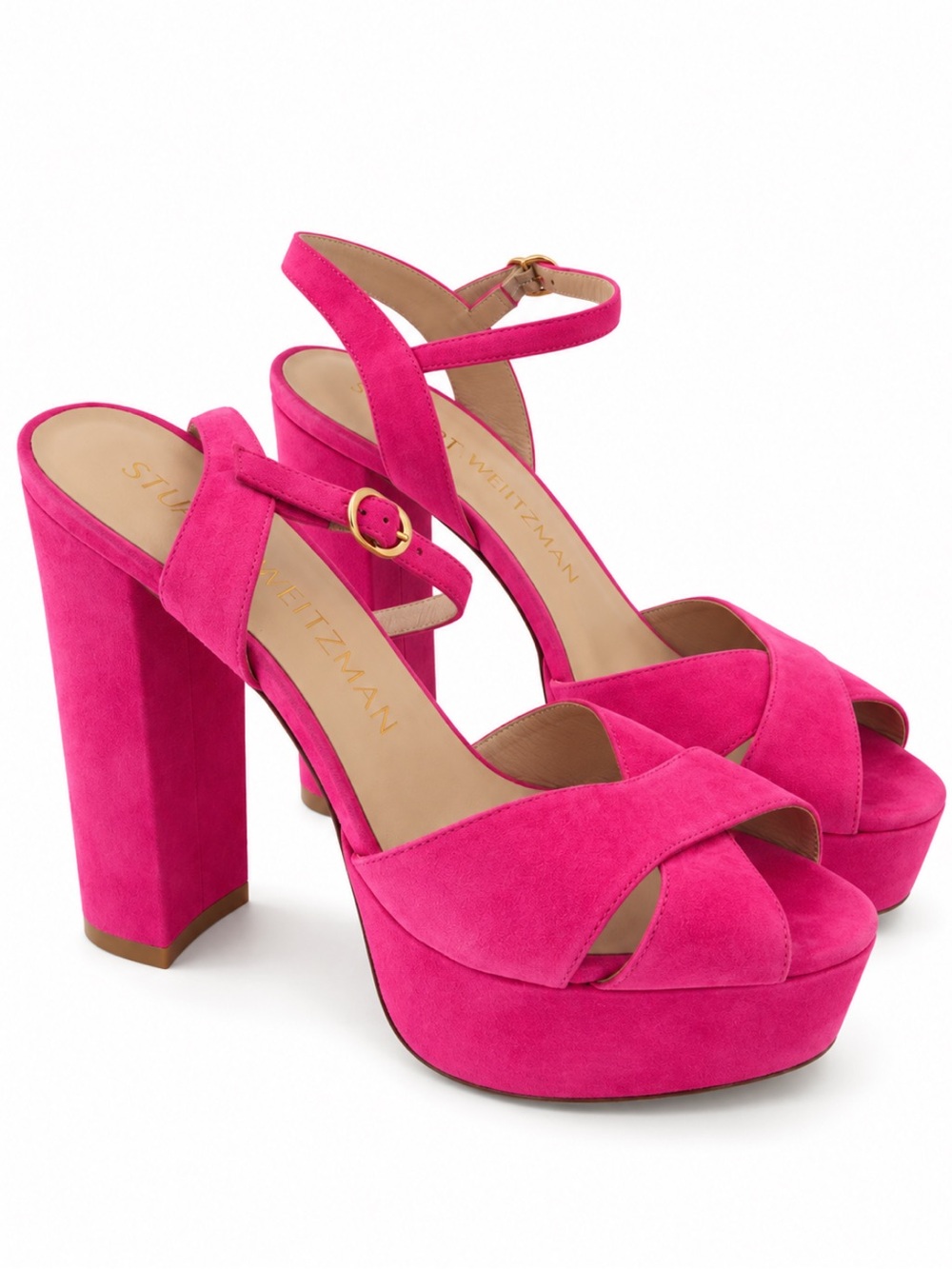 Stuart Weitzman Pink/Fuchsia Dayna Suede Crisscross Platform Sandals